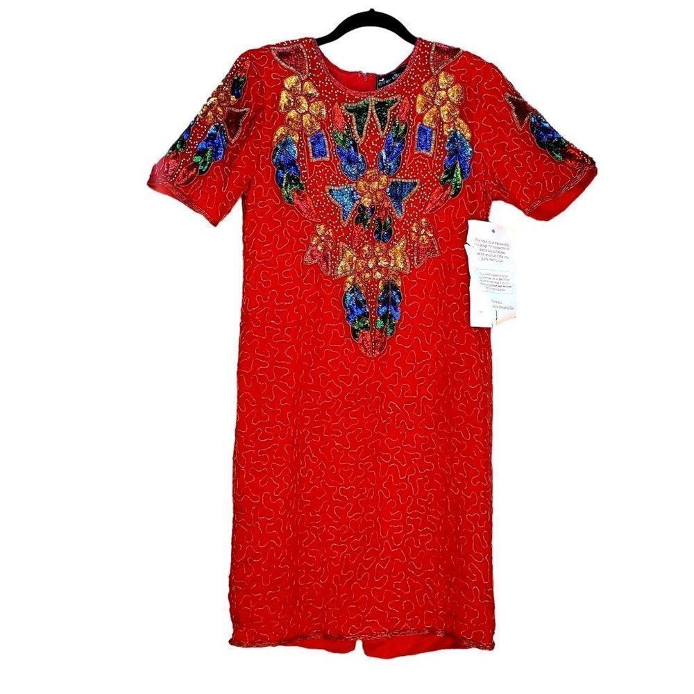 80s Cocktail Dress Short Formal Womens M Red Silk Beaded Embellished Jewel Queen